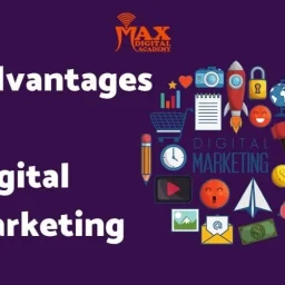A purple background with the text "Advantages of Digital Marketing" in white. A collection of colorful icons representing various digital marketing tools and concepts surrounds the text.
