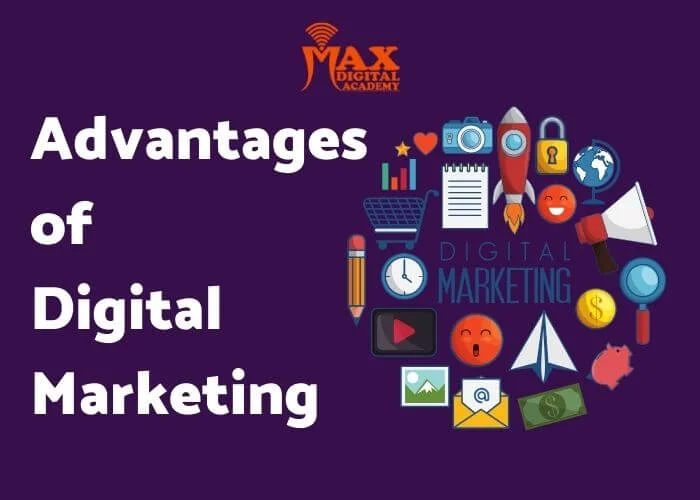 A purple background with the text "Advantages of Digital Marketing" in white. A collection of colorful icons representing various digital marketing tools and concepts surrounds the text.