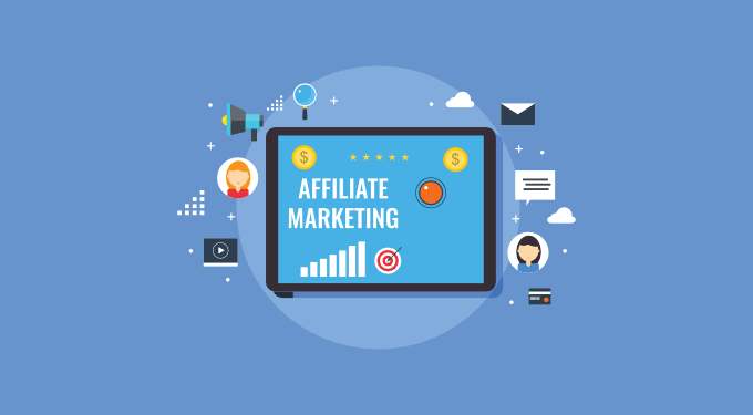 Illustration of affiliate marketing concepts, featuring a tablet screen with icons representing marketing, communication, and engagement.