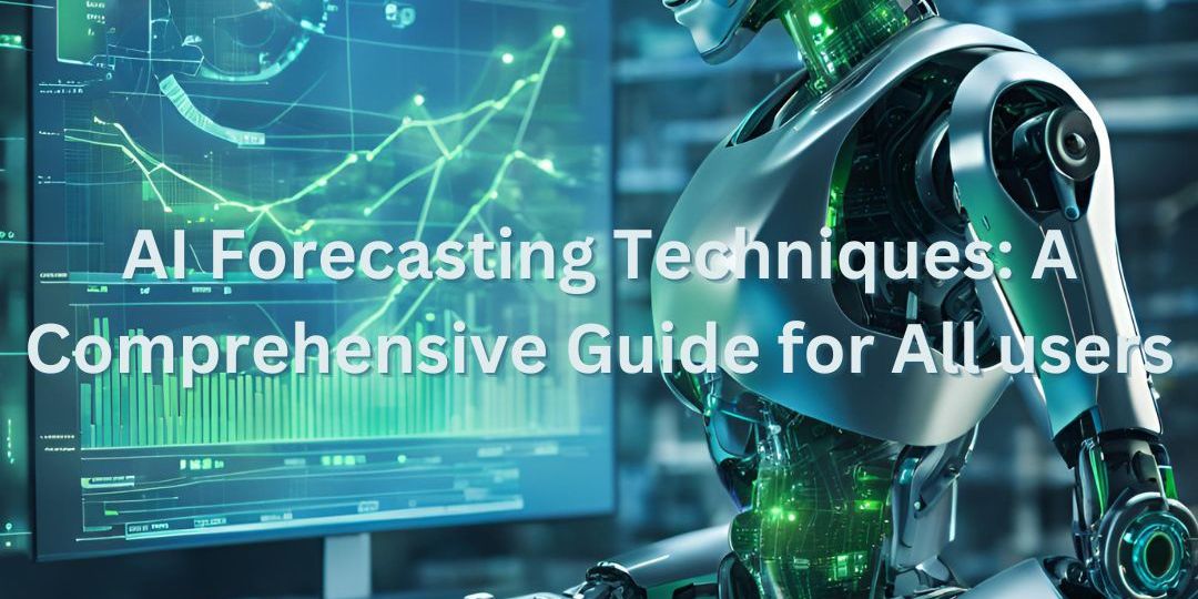 AI robot using a data dashboard for forecasting, illustrating AI forecasting techniques and predictive analytics in a futuristic setting.