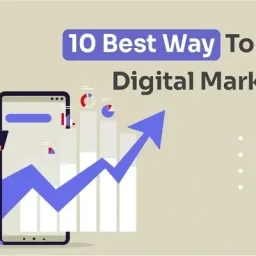 10 Best Ways To Learn Digital Marketing 3 Illustration showing a person analyzing digital marketing metrics on a smartphone, with the text "10 Best Way to Learn Digital Marketing" and an upward arrow indicating growth.