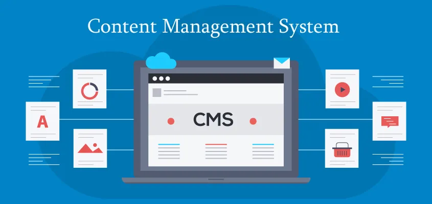 Content Management System (CMS) diagram showing a laptop screen with 'CMS' and content files (documents, graphs, images, shopping cart) flowing around it, symbolizing centralized content creation and distribution.