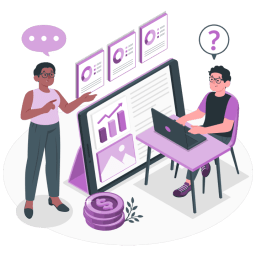 Conversion Rate Optimization - CRO 3 Illustration of two people discussing data analysis, with one person sitting at a desk using a laptop and the other standing and pointing at a large tablet displaying charts and graphs."