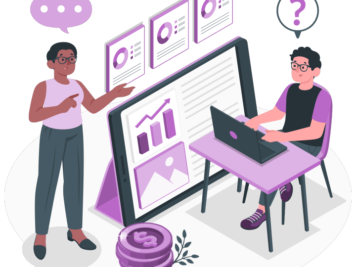 Illustration of two people discussing data analysis, with one person sitting at a desk using a laptop and the other standing and pointing at a large tablet displaying charts and graphs."