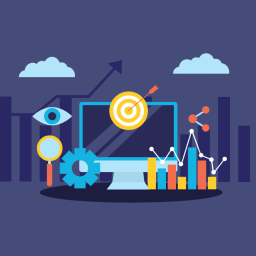 Illustration of SEO and digital marketing elements, featuring a computer screen with a target, bar graphs, data points, magnifying glass, and a gear symbol.