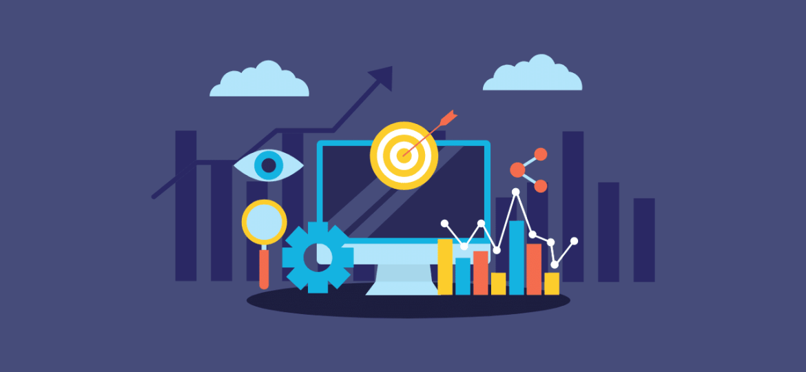 Illustration of SEO and digital marketing elements, featuring a computer screen with a target, bar graphs, data points, magnifying glass, and a gear symbol.