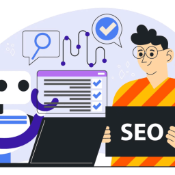 Illustration of a robot and a person collaborating on SEO tasks, with the person holding a sign labeled "SEO."