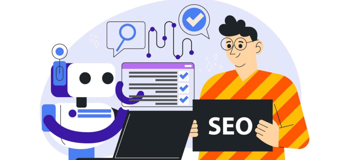 Illustration of a robot and a person collaborating on SEO tasks, with the person holding a sign labeled "SEO."