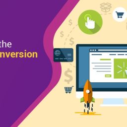 Illustration depicting a webpage conversion rate concept with icons of a shopping cart, globe, clock, and rocket signifying online business growth and efficiency.