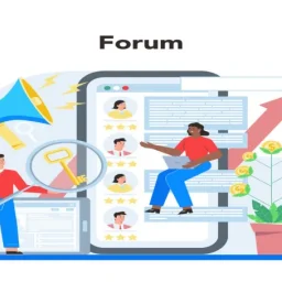 Illustration of a forum concept with people interacting on a digital platform, with icons representing communication, growth, and engagement.