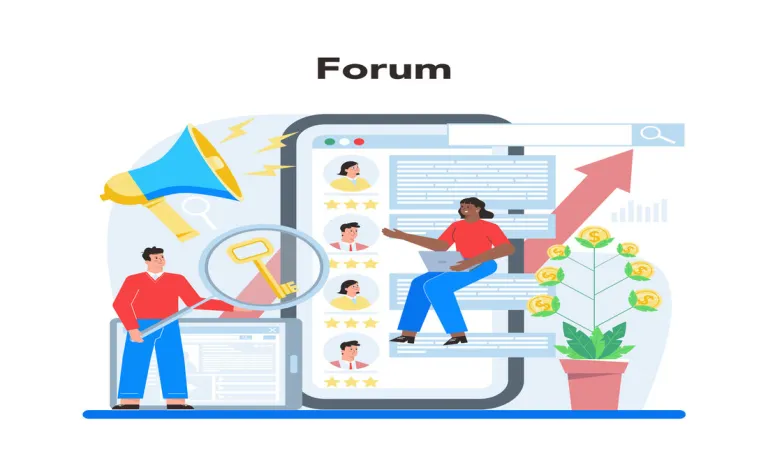 Illustration of a forum concept with people interacting on a digital platform, with icons representing communication, growth, and engagement.