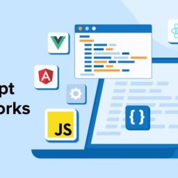 Illustration of "Best JavaScript Frameworks" featuring icons of popular frameworks like Vue.js, React, Angular, Svelte, and JavaScript around a laptop displaying code.