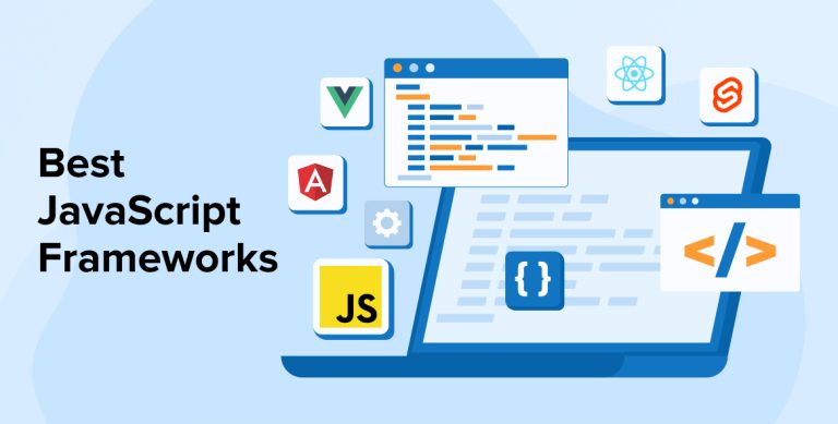 Illustration of "Best JavaScript Frameworks" featuring icons of popular frameworks like Vue.js, React, Angular, Svelte, and JavaScript around a laptop displaying code.