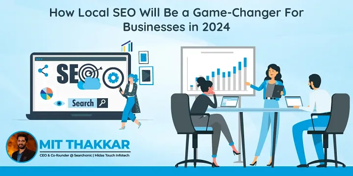 Illustration of a team discussing local SEO strategies with the title "How Local SEO Will Be a Game-Changer for Businesses in 2024," featuring a focus on search optimization.