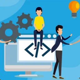 Illustration of a team collaborating on software development with coding symbols, gears, and a handshake, symbolizing teamwork and innovation.