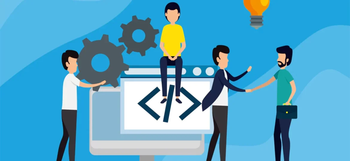 Illustration of a team collaborating on software development with coding symbols, gears, and a handshake, symbolizing teamwork and innovation.