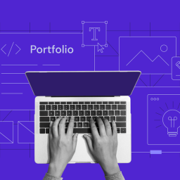 Hands typing on a laptop keyboard with a digital portfolio layout in the background, featuring icons for coding, text editing, images, and ideas, all on a purple background.
