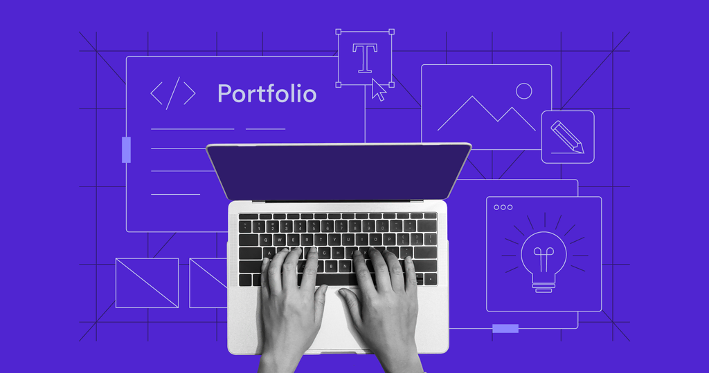 Hands typing on a laptop keyboard with a digital portfolio layout in the background, featuring icons for coding, text editing, images, and ideas, all on a purple background.