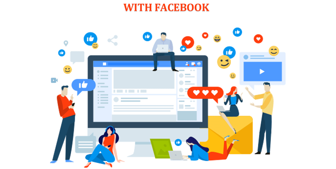 Short and Descriptive: "People using Facebook to promote their business" More Detailed: "Illustration of people interacting with Facebook, including posting, commenting, and engaging with content"