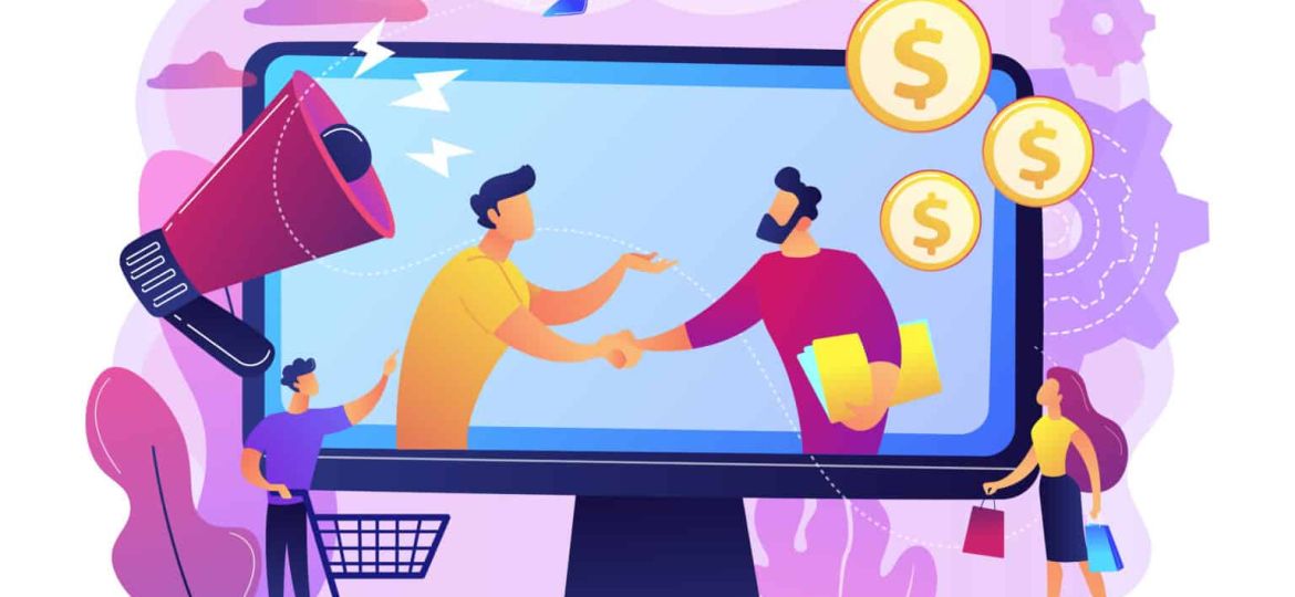 Illustration of two people shaking hands on a computer screen, representing business collaboration or online marketing. Surrounding the screen are icons of coins, a megaphone, shopping cart, and people holding shopping bags."