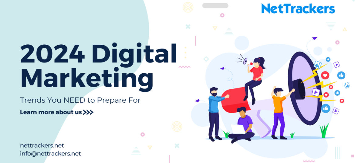 Short and Descriptive: "People promoting digital marketing trends for 2024" More Detailed: "Illustration of people using a megaphone to announce digital marketing trends for 2024"