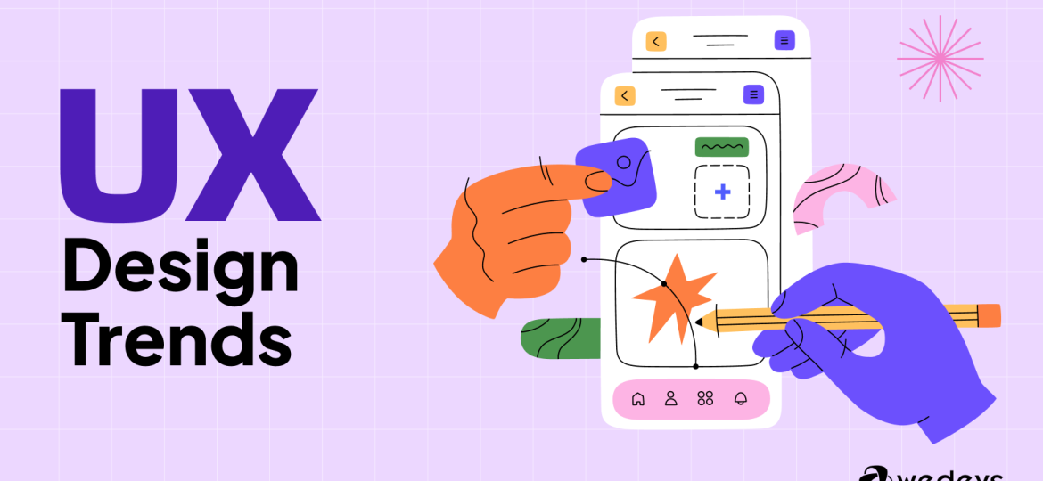 Illustration showing UX Design Trends with hands interacting with mobile UI elements on a smartphone screen.