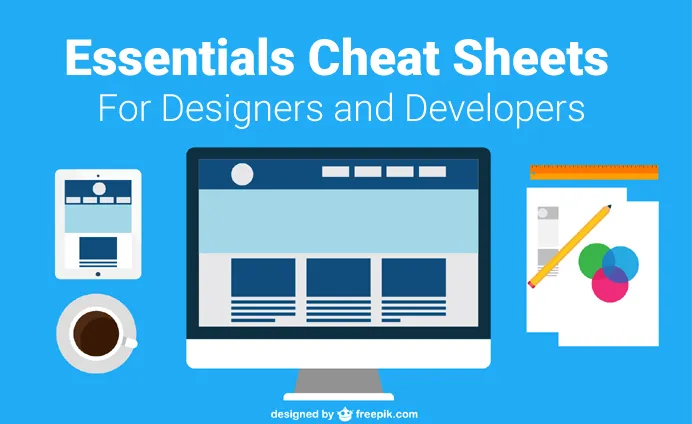 Illustration of essential cheat sheets for designers and developers, featuring a desktop monitor, tablet, coffee cup, and design tools on a blue background.