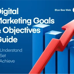 A blue bar graph with a red arrow pointing upwards, representing growth. Text on the image reads "Digital Marketing Goals & Objectives Guide" with the steps "1. Understand, 2. Set, 3. Achieve" listed below.
