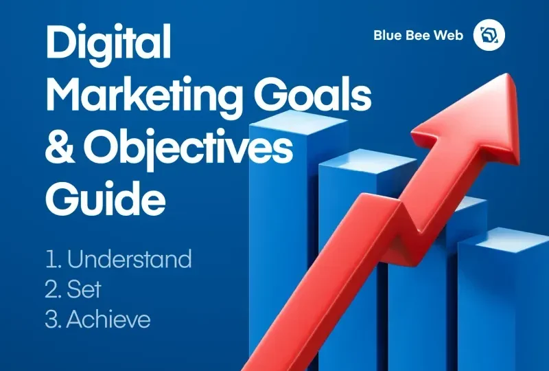 A blue bar graph with a red arrow pointing upwards, representing growth. Text on the image reads "Digital Marketing Goals & Objectives Guide" with the steps "1. Understand, 2. Set, 3. Achieve" listed below.