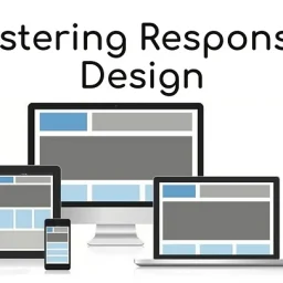 Graphic showcasing responsive design across various devices, including a smartphone, tablet, laptop, and desktop, with the title 'Mastering Responsive Design' displayed above.
