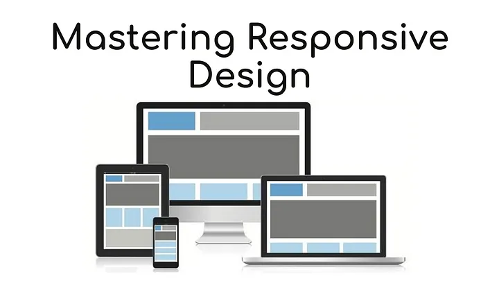 Graphic showcasing responsive design across various devices, including a smartphone, tablet, laptop, and desktop, with the title 'Mastering Responsive Design' displayed above.