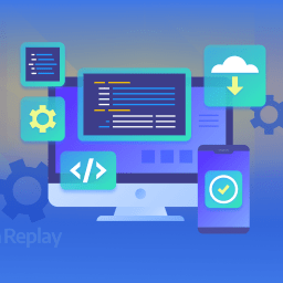Illustration of web development elements including a desktop screen, mobile device, coding icons, cloud storage, and gears representing optimization and functionality.