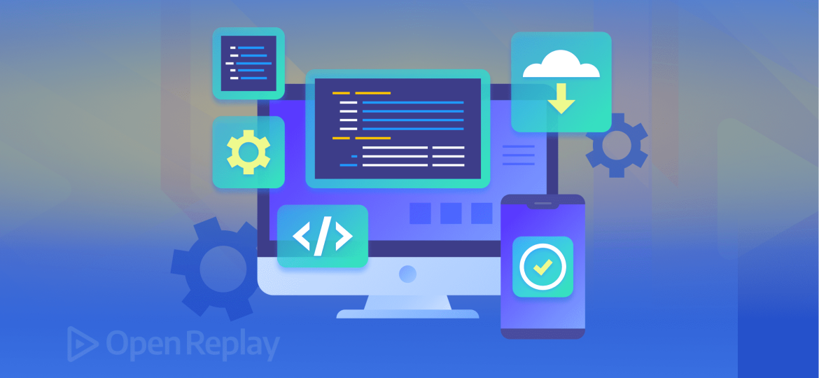 Illustration of web development elements including a desktop screen, mobile device, coding icons, cloud storage, and gears representing optimization and functionality.